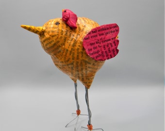 Paper collage small bird 3D sculpture with wire legs and aged patina finish