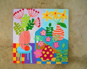 Still life painting | colorful floral in a vase | whimsical pop art | 12x12"