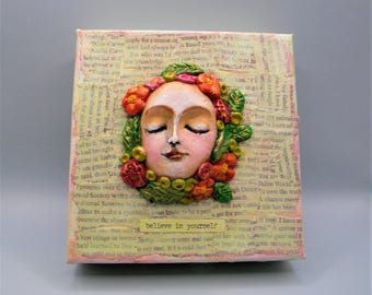Goddess art floral wall plaque Believe In Yourself affirmation 5x5"