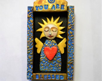 Angel art shrine, polymer clay, You Are Blessed.