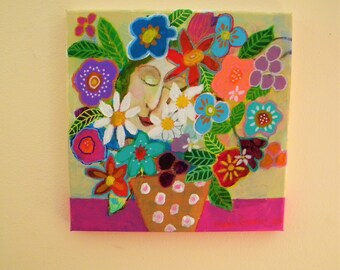 Folk art colorful flower painting on canvas