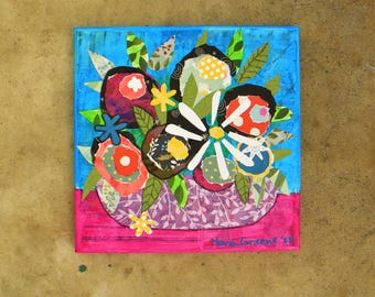 Flower bouquet in a vase, colorful mixed media art painting, 10x10"