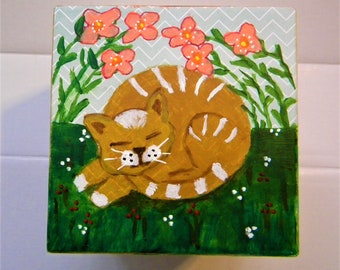 Cat art, five original paintings in one, cube-style.