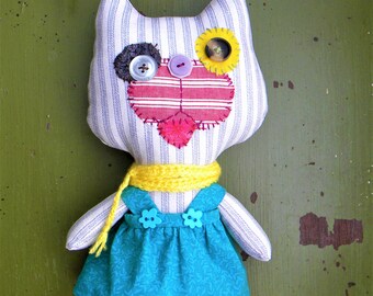 Cat whimsical art doll, home decor plushie made from scrap fabric