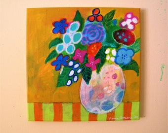 Folk art colorful flower painting on canvas