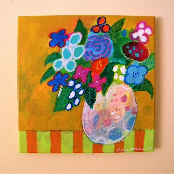 Folk art colorful flower painting on canvas