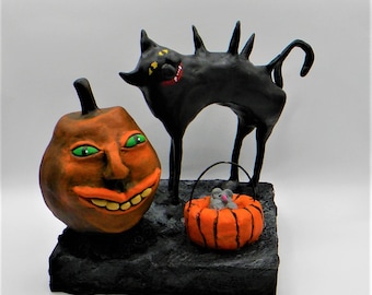 Handmade Halloween Black Cat & Pumpkin Sculpture - Spooky Whimsical Home Decor Diorama