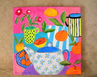 Colorful still life painting cozy tea time party, cottage core art