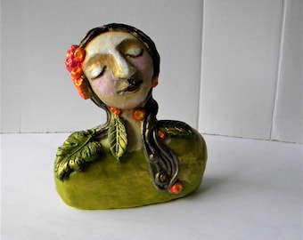 Whimsical female clay sculpture, forest fairy, Lily