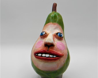 Whimsical Pear Sculpture: Funny Face Epoxy Clay Art