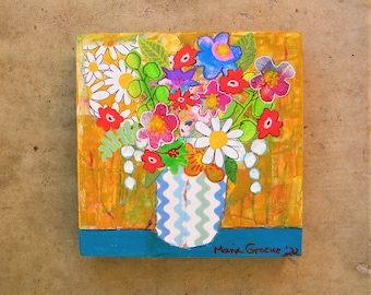Flower painting / collage 8x8" colorful whimsy