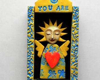 Angel art shrine, polymer clay. You Are Loved.