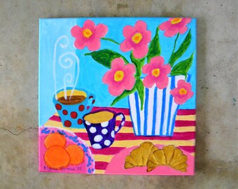 Kitchen art work with breakfast and whimsical pink flowers in a vase