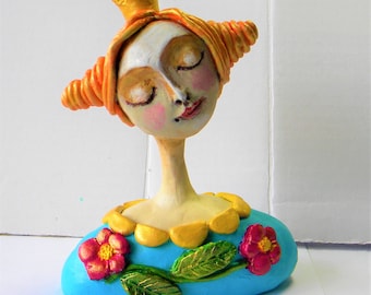 Whimsical Clay Female Bust: Bohemian Princess Decor
