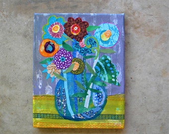 Fabric collage art, flower vase on a table