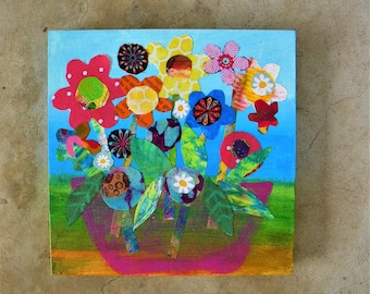 Flower bouquet in a vase, colorful mixed media art painting, SMALL 6x6"