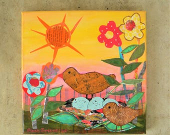Bird and nest art painting, mixed media collage, 10x10"