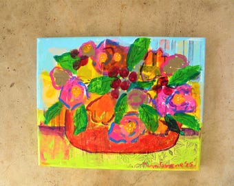 Abstract flower painting colorful vibrant wall art small canvas 8x10"