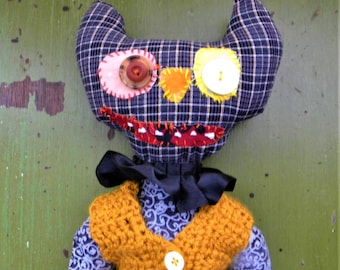 Black Cat Plushie Wall Hanging: Hand-Crocheted Vest Halloween Decor