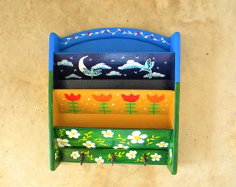 Painted vintage key hook shelf, letter organizer, boho folk art style