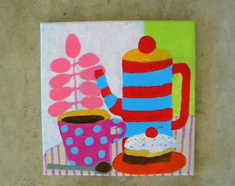Colorful still-life small flower painting with coffee and cake