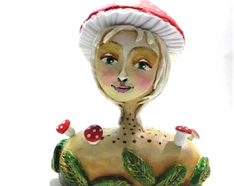 Whimsical Toadstool Clay Sculpture: Spirit Girl Figurine