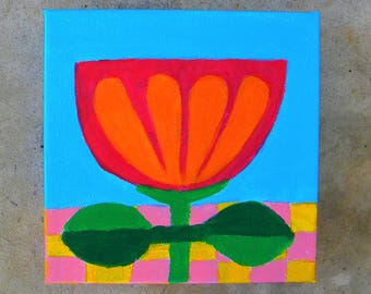Small colorful abstract painting of a red and orange flower | 6x6"