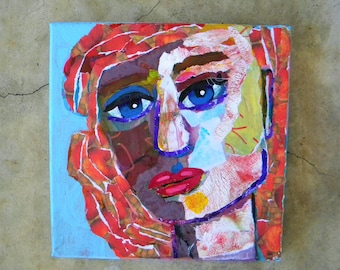 Paper collage portrait on canvas, abstract mixed media art 8x8"