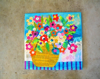Flower bouquet in a vase- colorful mixed media art painting- 10x10"