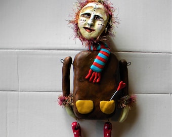 Whimsical clay girl sculpture wall art