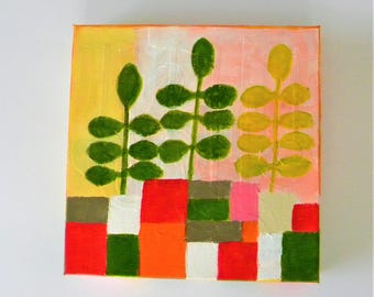 Abstract painting of leaves and checkered ground, 8x8" original art on canvas.