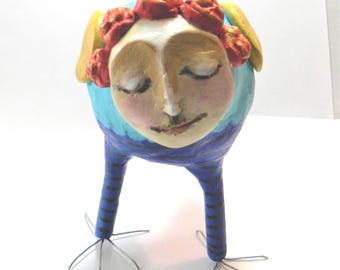 Quirky Bird Sculpture: Acrylic Painted Epoxy Clay with Roses
