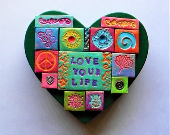 Whimsical mosaic heart art with positive affirmation
