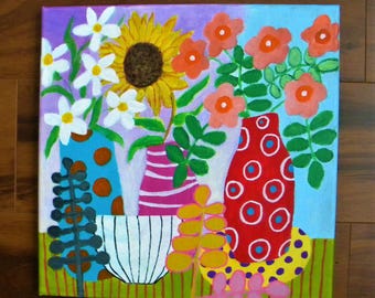 Colorful still-life flower painting in cozy cottage core art