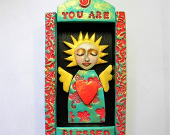 Angel art shrine, polymer clay. You Are Blessed