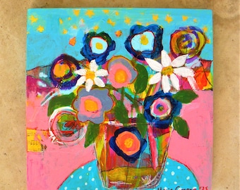 Abstract Floral Painting: Whimsical Pink & Blue Flower Vase, 12x12" Wood Panel