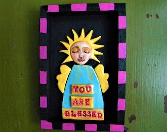 Handmade colorful polymer clay art angel wall shrine- You Are Blessed- 6x4"