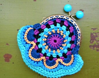 Handmade colorful crochet coin purse, boho chic style