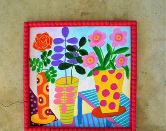 Still life paintin | colorful floral in a vase | whimsical pop art | 12x12"