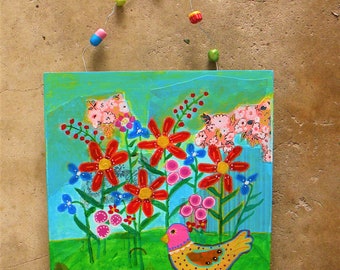 Colorful flower painting on a wood panel