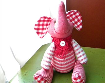 Handmade Checkered Fabric Elephant with Red Knitted Scarf - Plush Animal