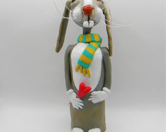 Whimsical Bunny Clay Sculpture: Quirky Figurine