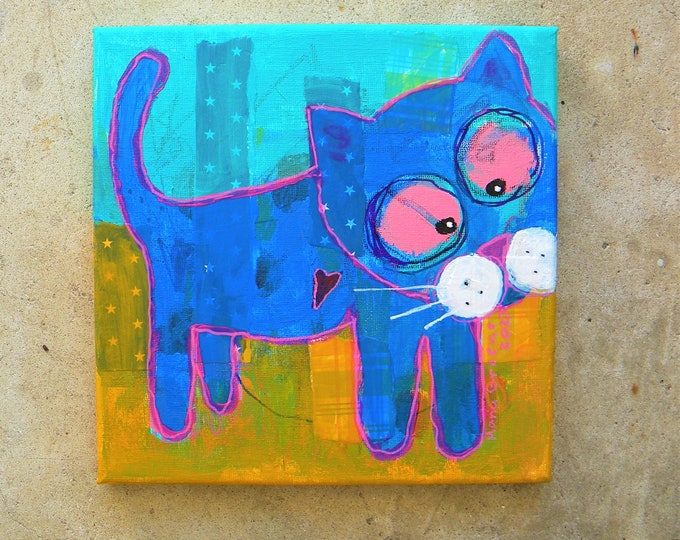 Whimsical Blue Cat Painting Etsy
