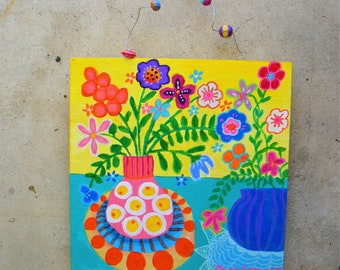 Boho style Flower Painting on Wood Panel, Rustic Wall Art, Hand-Painted Bohemian Decor, Floral Home Accent, Gift for Art Lovers
