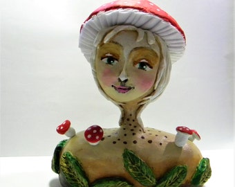 Whimsical Toadstool Clay Sculpture: Spirit Girl Figurine