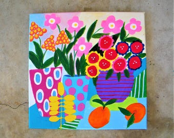 Still life painting, colorful floral in a vase, whimsical pop art 12x12"