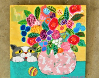 Boho style flower and cat painting on a wood panel.