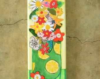Colorful flower collage painting on a small canvas 3x9"