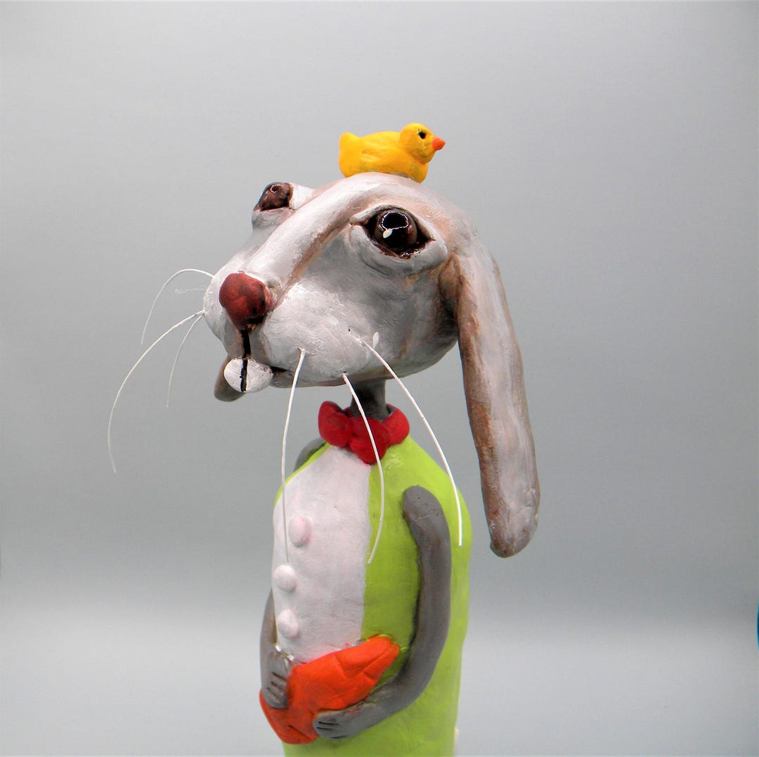 Whimsical Bunny Rabbit Clay Sculpture, Handmade Home Decor - Etsy