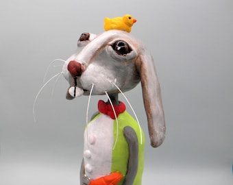 Whimsical bunny rabbit clay sculpture, handmade home decor